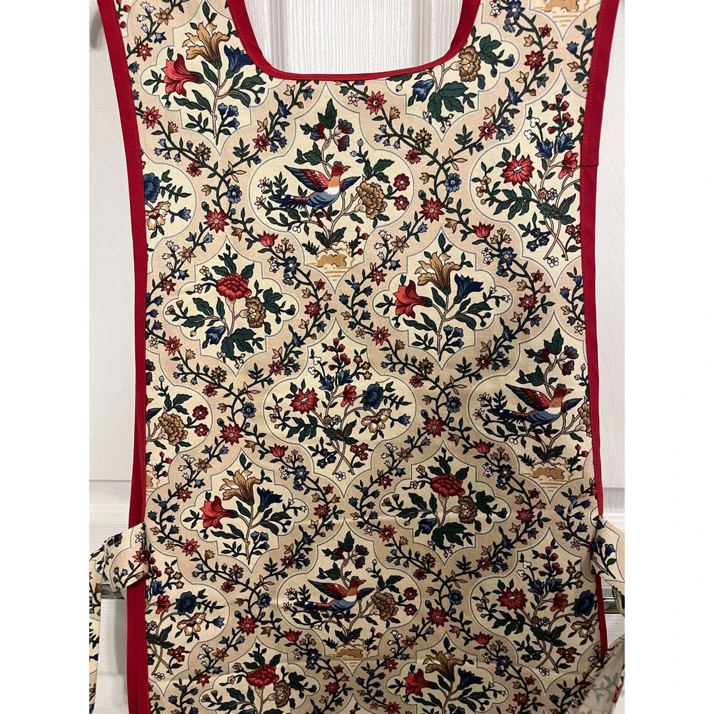 Red Blue Floral Bird Side Tie Apron, Handcrafted Kitchen Linen